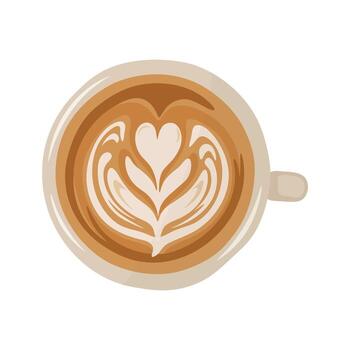 Top View of Latte with Heart and Tulip Latte Art in Beige Cup on White Background vector