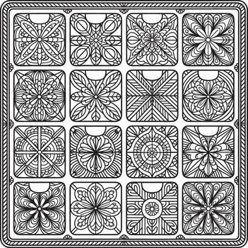 intrincado negro y blanco patrones en un cuadrícula formación artístico diseño ilustración línea Arte vector