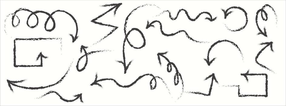 Hand Drawn Arrow Set. Doodle Sketch Arrows. Brush Arrows. Curved, Circular, and Directional Arrows for Infographics, Presentations, Notes, and Creative Design Projects. vector