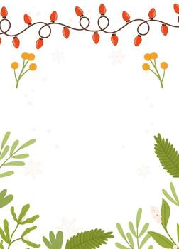 Festive Poster template featuring red string lights, greenery, yellow berries, and snowflakes on a white background with blank space. vector