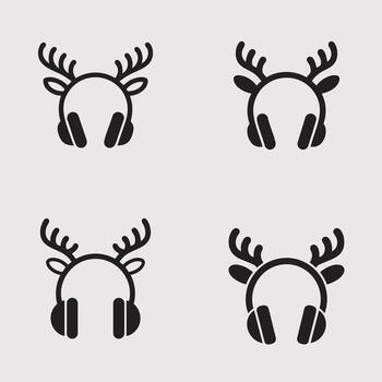 Bundle of Headphone icon with reindeer ears, minimal , white background. vector