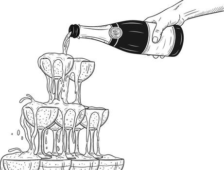 A Hand pouring wine from a bottle into a glass with a detailed sketch of table setting and food vector