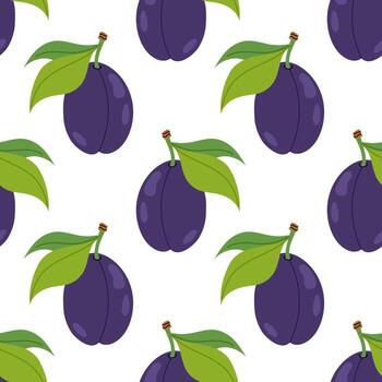 Seamless pattern with plum for fabric, background, textile or packaging. Juicy plum with green leaf on white background. vector