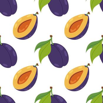 Pattern with plum. Half ripe plum with pit. Seamless pattern for fabric, background, textile or packaging. vector