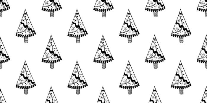 Seamless Christmas pattern with hand drawn doodle trees in outline style. Line art background. vector