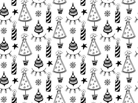 Seamless hand drawn Christmas pattern with doodle candles and trees. Outline background. vector