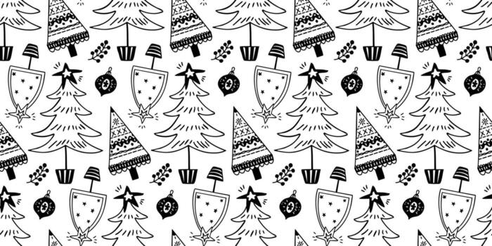 Seamless hand drawn Christmas pattern with doodle trees and ornaments. Outline background. vector