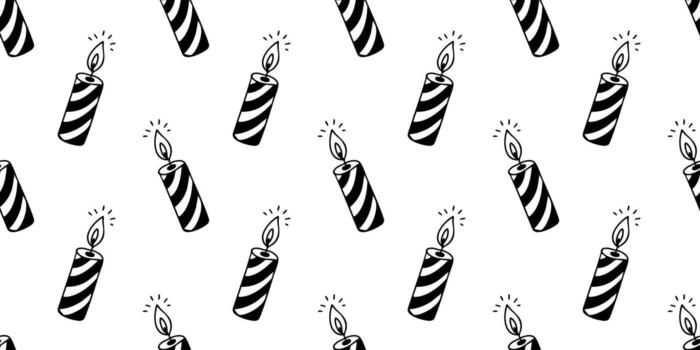 Seamless holiday doodle pattern with striped candles and flame in simple outline style. Doodle lineart background. vector