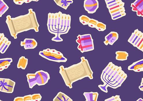Happy Hanukkah semless pattern with stickers. Background with holiday objects. vector