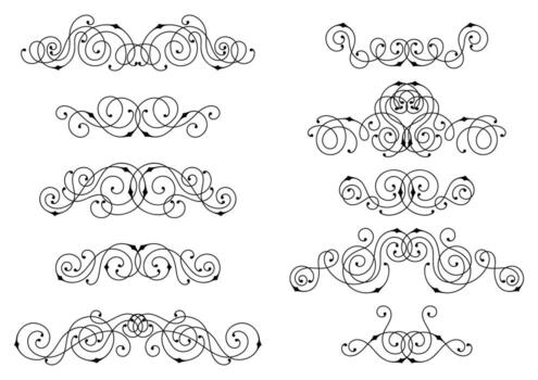 Set of line curl elements. Modern decorative retro linear dividers. vector