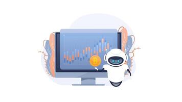 robô mostrando crescendo Estatisticas em computador tela video