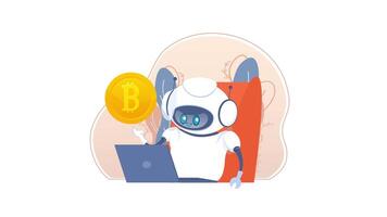 Robot presenting and working with bitcoin cryptocurrency on laptop video