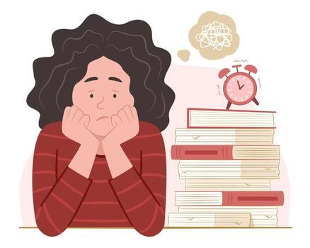 Freelancer Woman Burnout and Confused with Stack of Lot of Document Files for Overload Working and Overburdened Concept Illustration vector