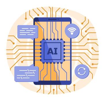 Smartphone's Microchip Processing by AI CPU Program System for Artificial Intelligence and Wireless Technology Concept Illustration vector