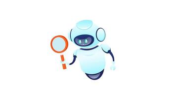 branco robô segurando ampliação vidro e spray pode em branco e verde tela fundo video