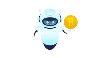 Friendly robot showing bitcoin and pointing on white and green screen background video