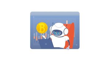 robot handel bitcoin analyserar finansiell data på grön skärm och vit bakgrund video