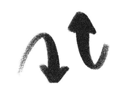 rociar pintar flechas conjunto señalando arriba y abajo. grunge pintada estilo símbolos con texturizado trazos, mano dibujado garabatear flechas para movimiento, navegación y urbano diseño vector