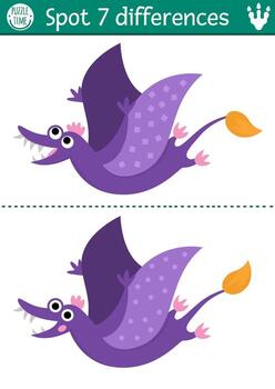 encontrar diferencias juego para niños. dinosaurio educativo actividad con pterosaurio. rompecabezas para niños con pequeño antiguo animal. imprimible hoja de cálculo, página para atención habilidades con pterodáctilo vector