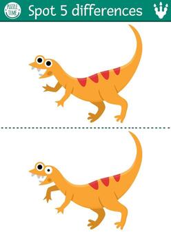 Find differences game for children. Dinosaur educational activity with Compsognathus. Puzzle for kids with little ancient animal. Printable worksheet, page for logic and attention skills vector
