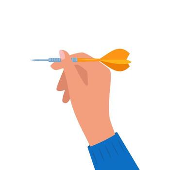 Human hand with tool for playing darts. Dart throw as symbol of success, goal achievement. Hand holding throwing dart with sharp tip. vector