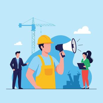 Dynamic construction team featuring a foreman with megaphone, manager, and engineer for modern project progress updates and communication strategy vector