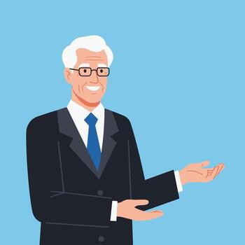 Experienced executive presenting with open arms, ready to welcome new ideas and collaborations in a professional and trustworthy manner for your project vector