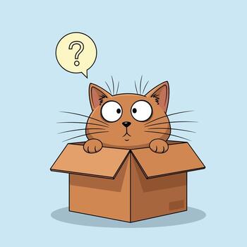Confused cartoon cat peeking out of a cardboard box with a question mark bubble makes for a fun and engaging visual vector