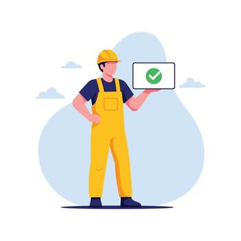 Construction worker with digital tablet showing green checkmark for project approval, perfect for illustrating quality control and successful task completion vector
