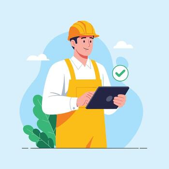 Confident construction worker using tablet for digital inspection and approval in modern design, showcasing efficiency and tech savvy on the jobsite vector