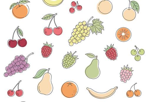 A vibrant collection of colorful fruits arranged in a scattered pattern. vector