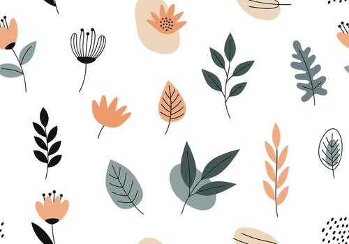 A seamless pattern featuring abstract organic shapes and stylized botanical illustrations with a muted color palette. vector