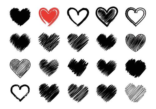Collection of various hand drawn and sketched heart shapes for design projects. vector