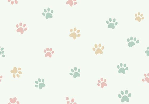 A soft pastel background with scattered paw prints in various gentle colors creating a cute and playful pattern. vector