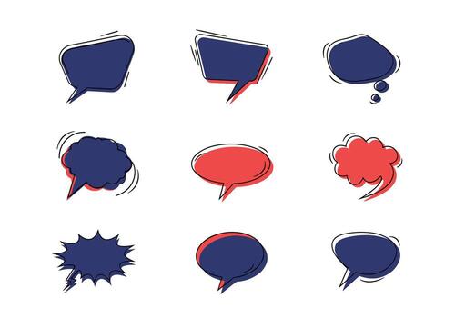 A collection of nine speech bubbles in blue and red with a sketchy outline effect. vector
