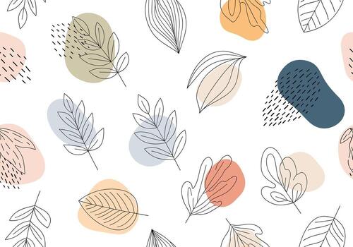 Abstract organic shapes and delicate botanical line art seamless pattern. vector