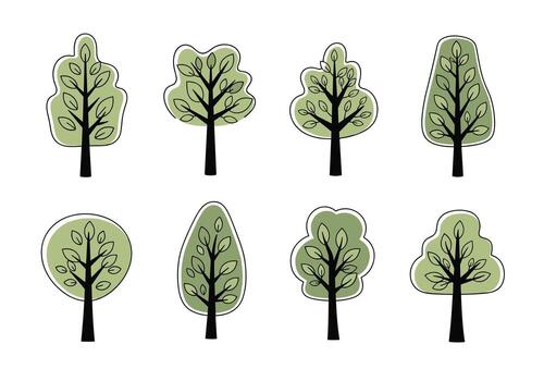 Collection of stylized green trees with dashed outlines symbolizing nature and growth. A visual representation of diverse arboreal forms. vector