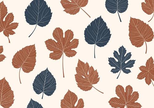 A repeating pattern of brown and blue autumn leaves scattered across a cream background. vector
