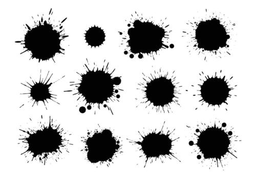 A collection of diverse black ink splatter effects and paint splashes presented on a clean white background creating artistic abstract designs. vector