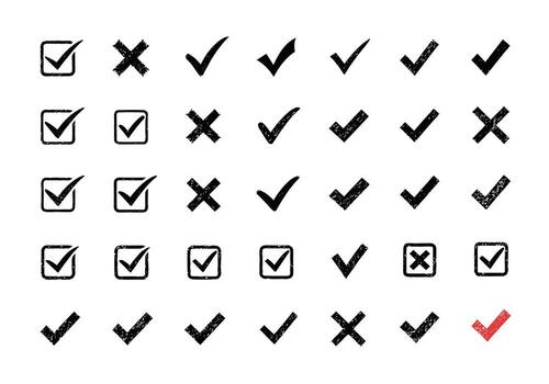 Collection of various hand drawn checkmarks and crosses in black and red on a white background. vector