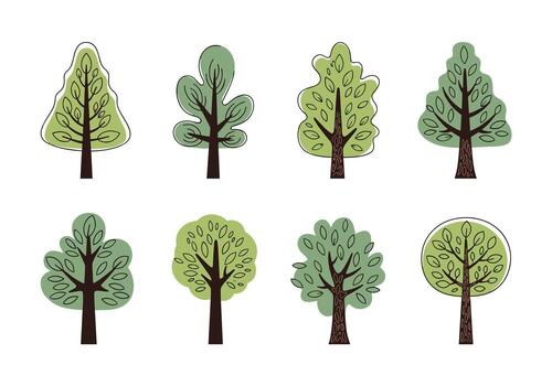 A collection of eight stylized green trees with different leaf shapes and brown trunks against a white background. vector