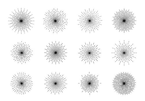 A collection of twelve abstract radiating starburst patterns with dark speckles and lines on a white background. vector