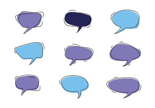 Nine abstract speech bubbles in shades of blue and purple with dashed outlines. vector