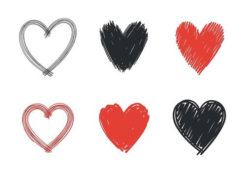 A collection of six hand drawn hearts in various colors and styles for design projects. vector