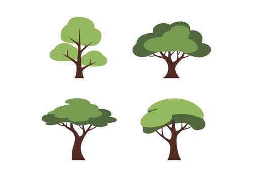 un colección de cuatro sencillo ilustraciones de caduco arboles con marrón bañador y verde marquesinas vector