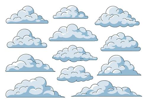 A collection of fluffy cumulus clouds with stylized outlines set against a white background. vector