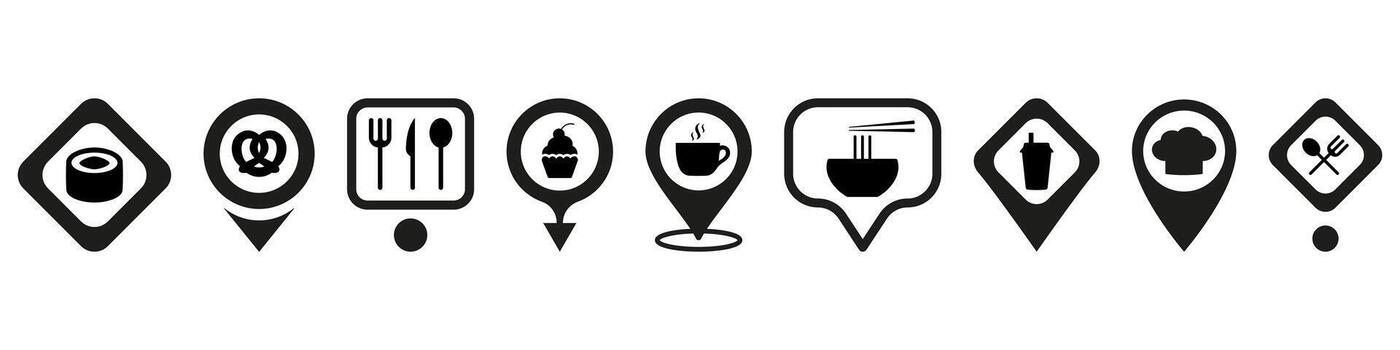 Web pin pointer for restaurants and fast food cafes icon. Marking territory on map and directions of localization for snack in sushi bars and food outlets vector