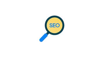 Blue magnifying glass focuses on SEO text for search engine optimization concept. video