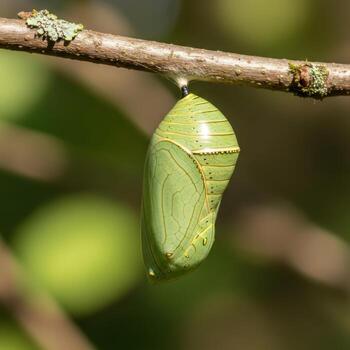 Green chrysalis suspended from a tree branch undergoing metamorphosis photo
