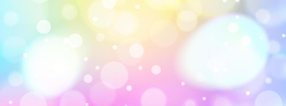 Cute cartoon background with large bokeh circles and sweet sparkling elements. Colorful gradient with magical creatures and copy space. Stock illustration in kawaii style. vector